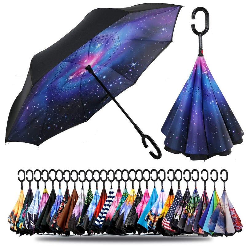 SIEPASA 49/56 Inch Inverted Reverse Upside Down Umbrella, Extra Large Double Canopy Vented Windproof Waterproof Stick Golf Umbrellas with C-shape Handle.(the Galaxy, 49 Inch) - Image 1